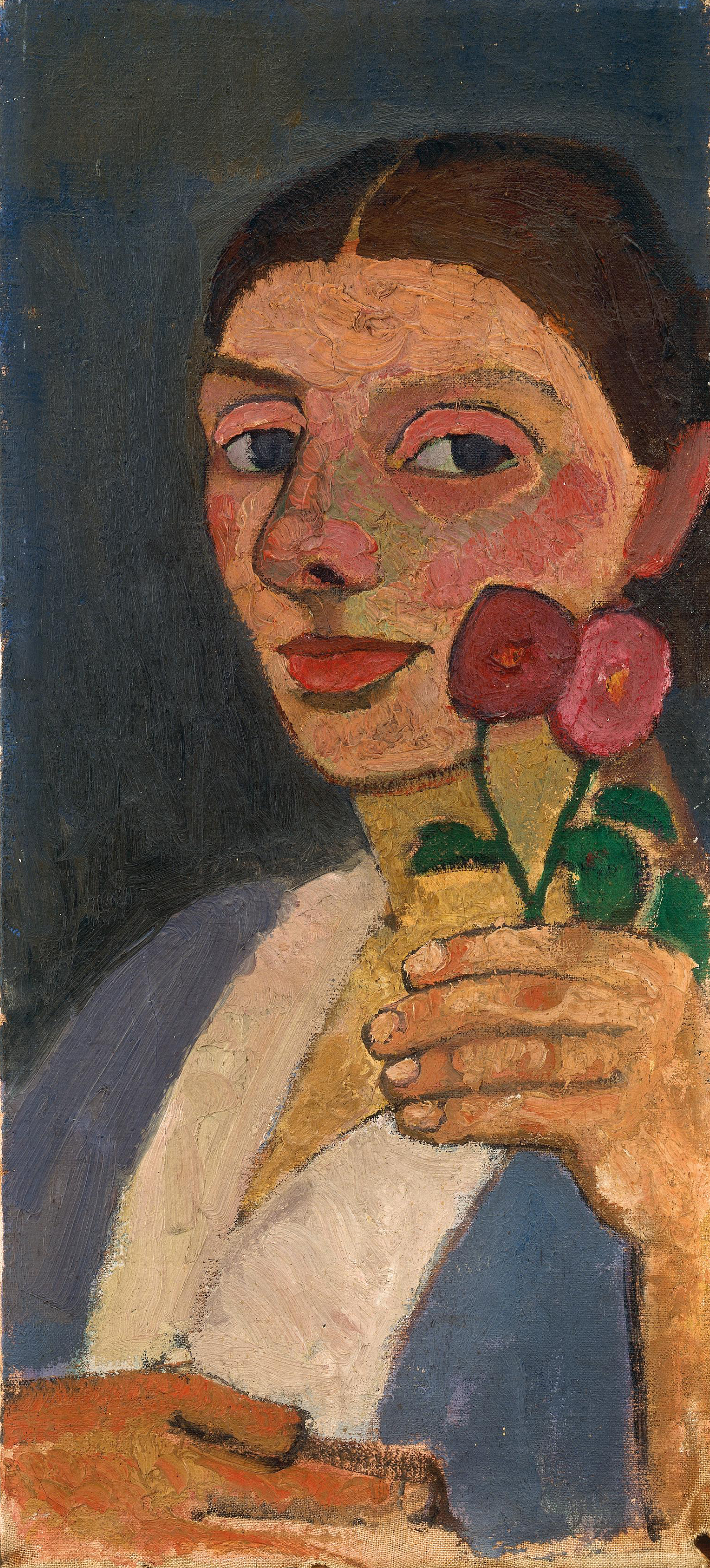 Self-Portrait with Two Flowers in Her Raised Left Hand